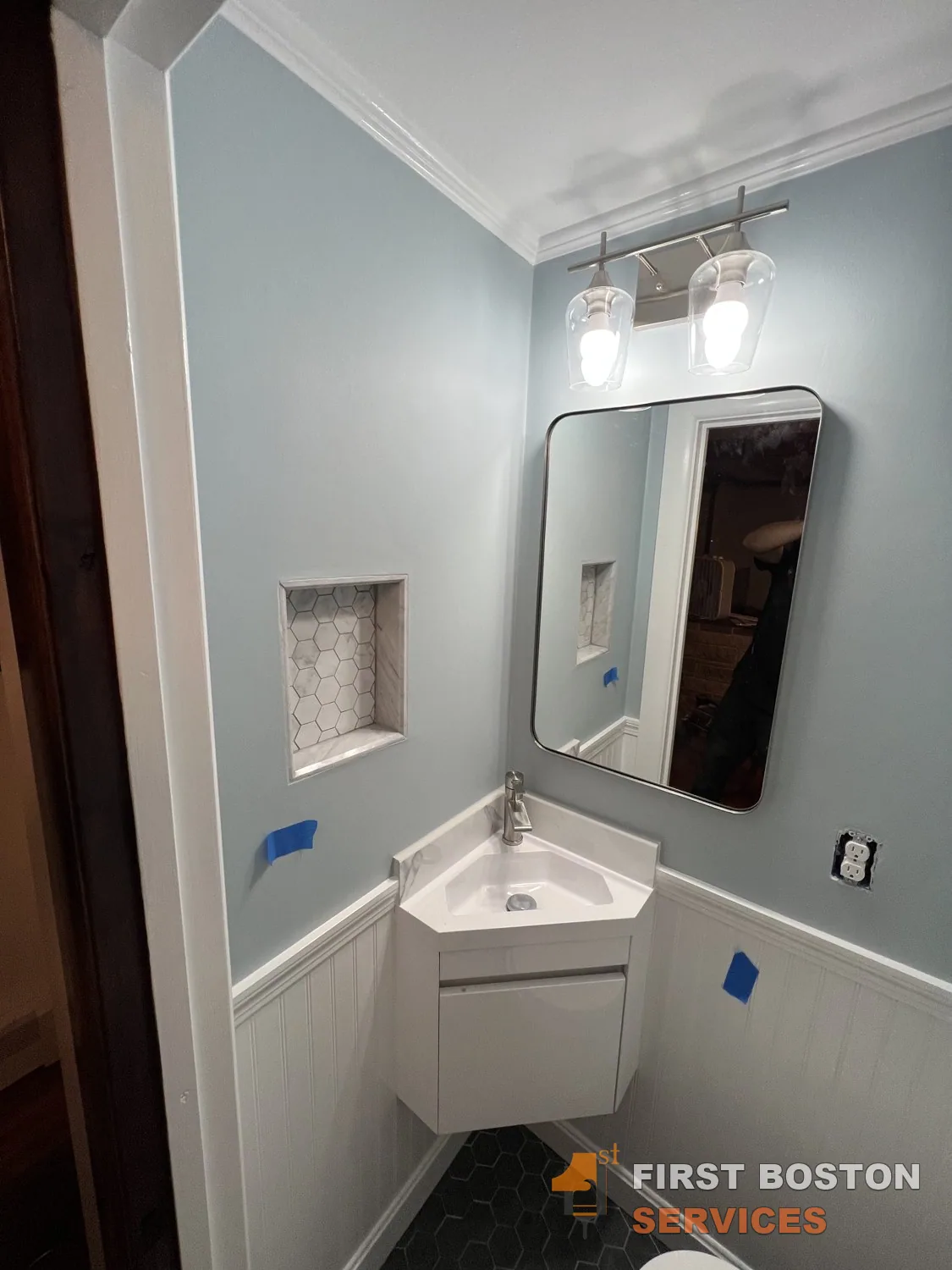 First Boston Services: Finished: soft blue walls, white wainscot